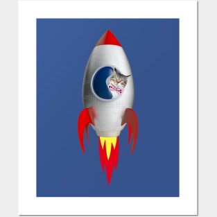 Funny Rocket Kitty (Grey White Tabby) Posters and Art